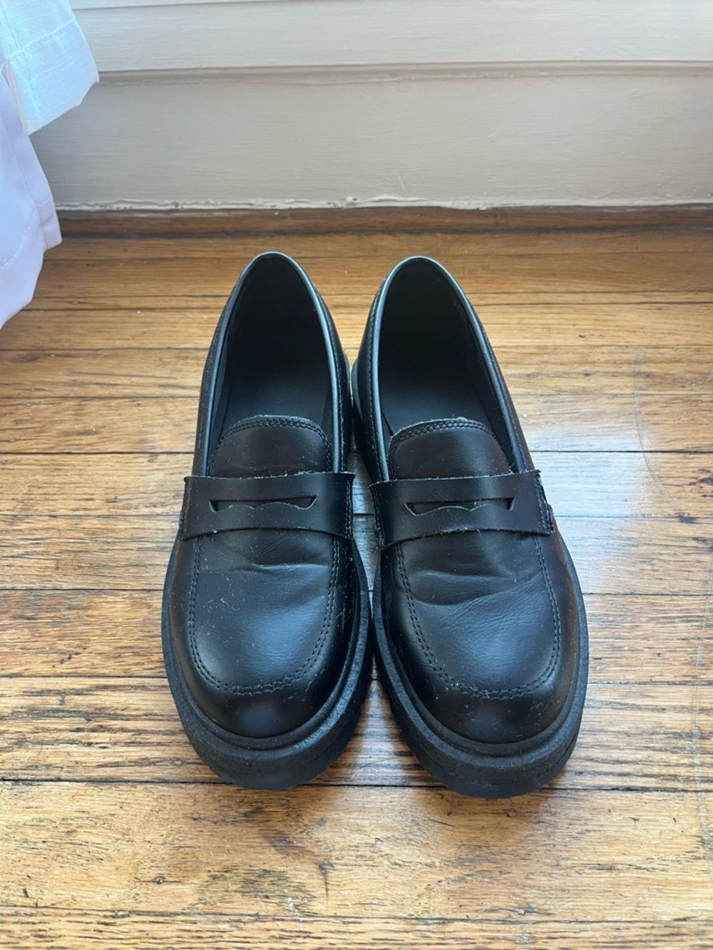 Classic Black Leather Penny Loafers with Chunky Sole